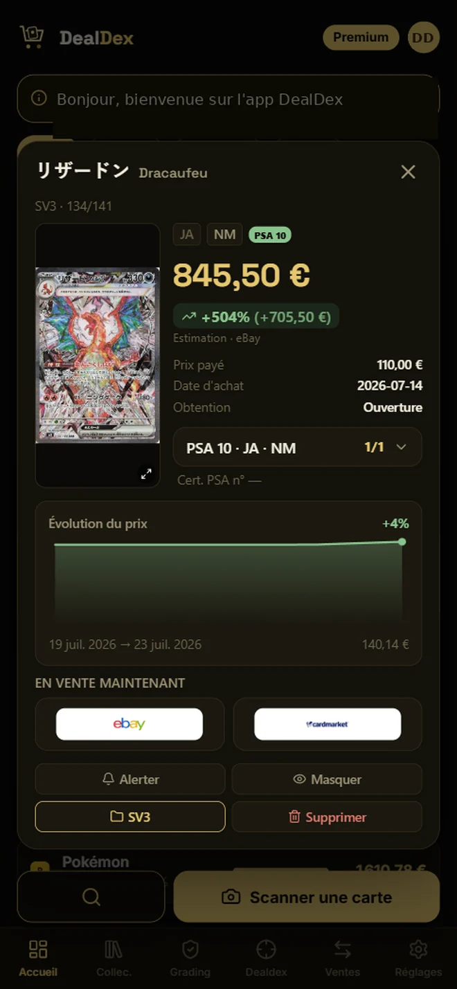 Fiche d'une carte : cote du jour, progression depuis l'achat, historique de prix et annonces en cours.