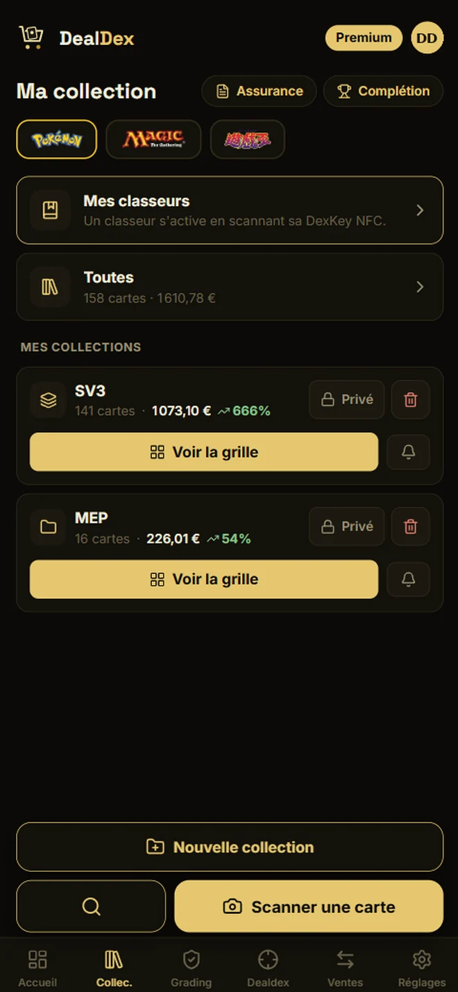 Liste des collections avec leur valeur et leur progression.
