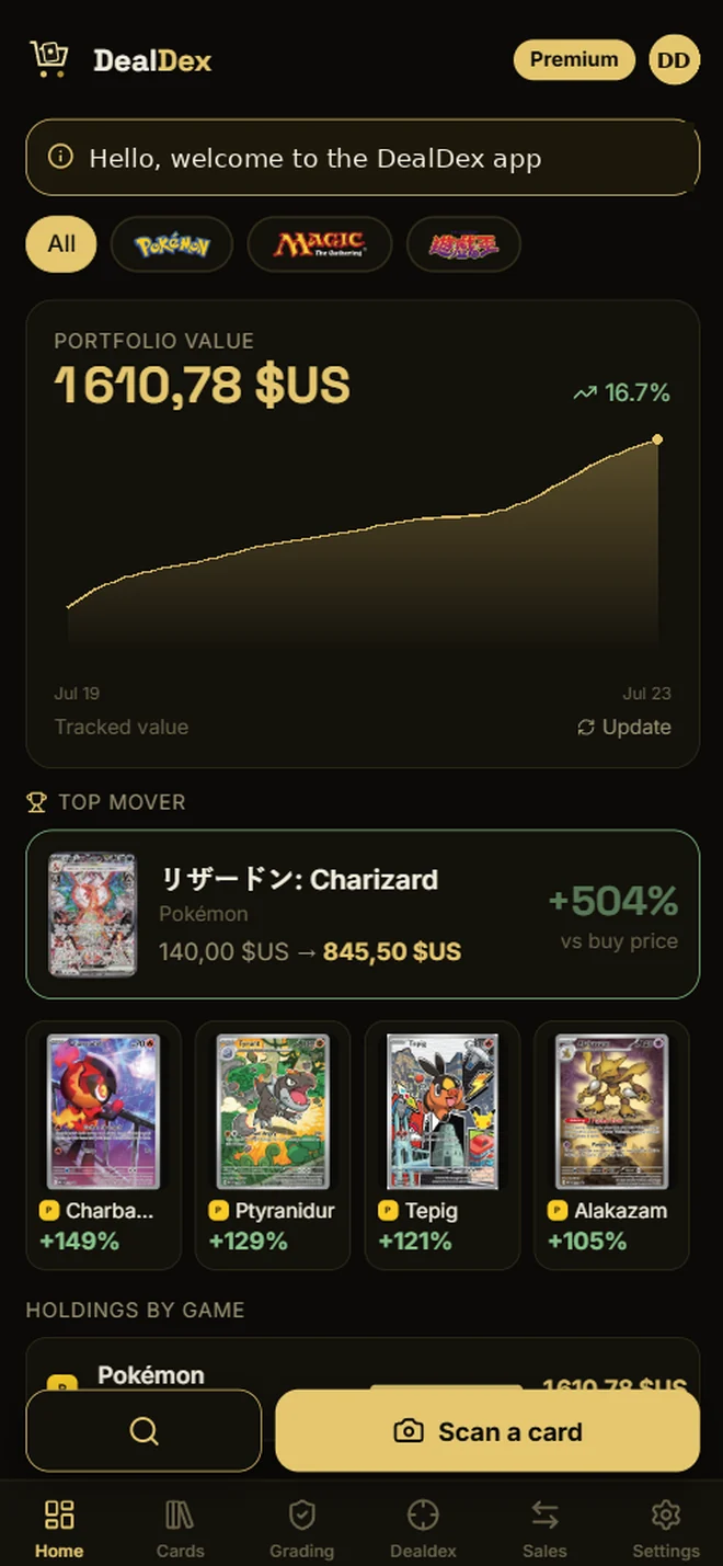 DealDex home screen: portfolio value, trend chart and best performers.
