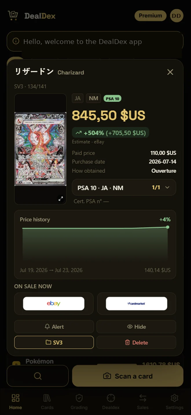 Card sheet: today's value, gain since purchase, price history and live listings.
