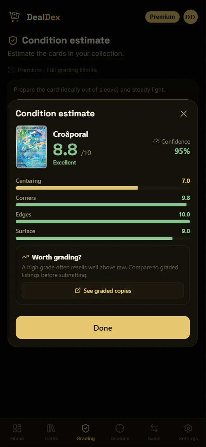 Condition estimate: overall score, confidence level and per-axis detail.