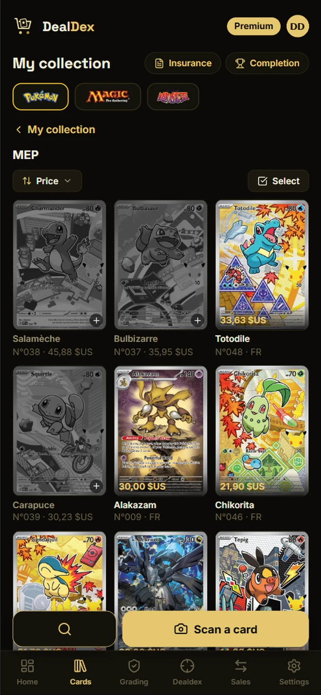 A collection's grid: every card with its price.