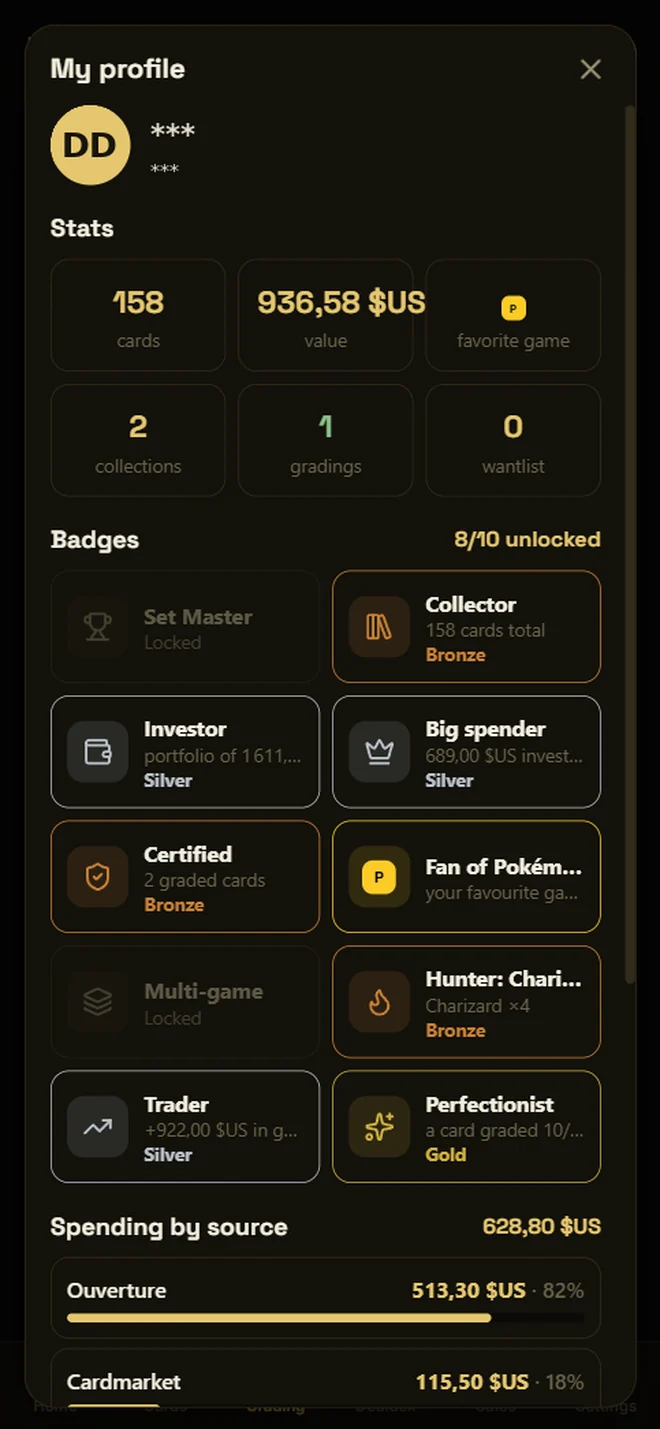 Profile: collection statistics, unlocked badges and spending by place of purchase.