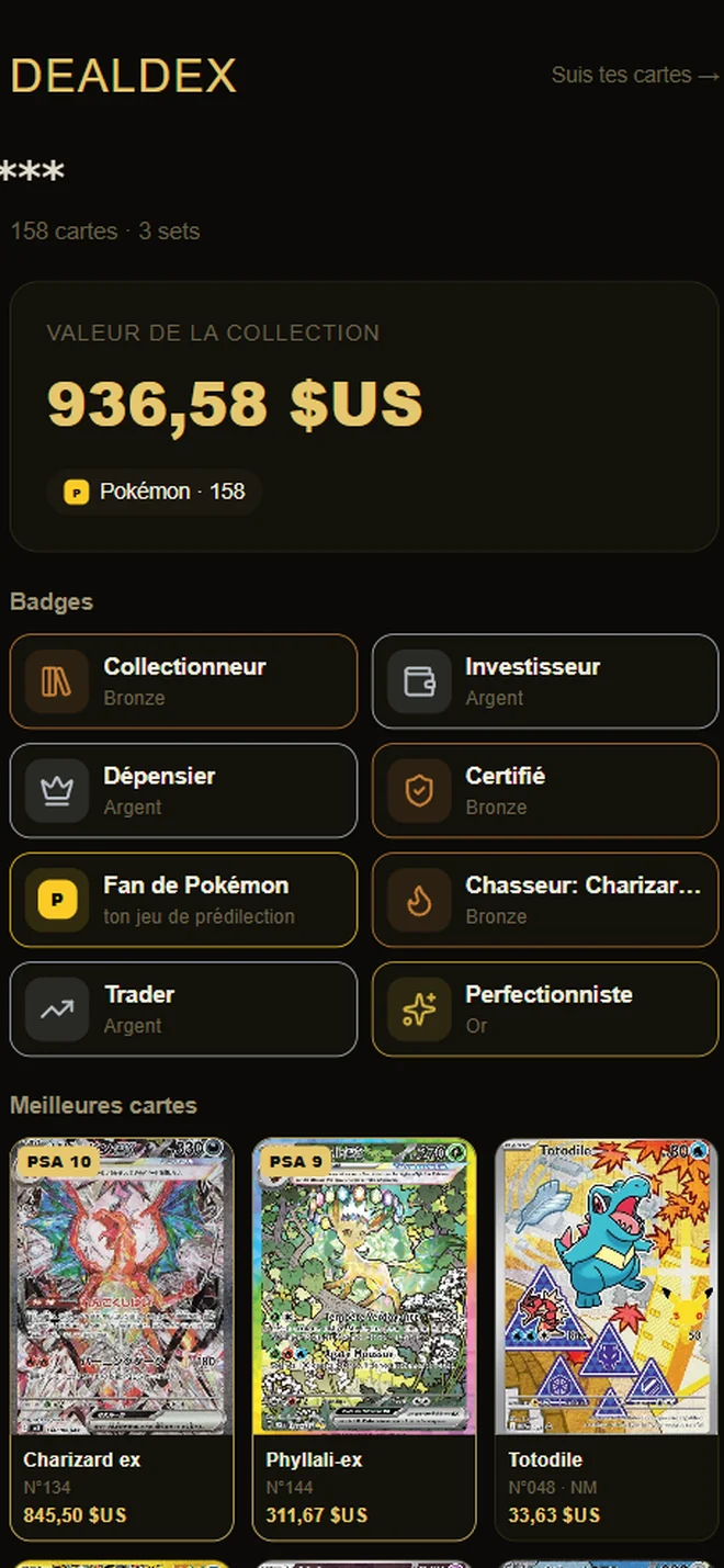 Public page of a collection: value, badges and best cards.