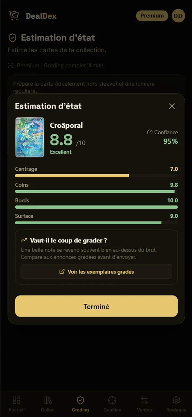 Estimation d'état : note globale, indice de confiance et détail par axe.