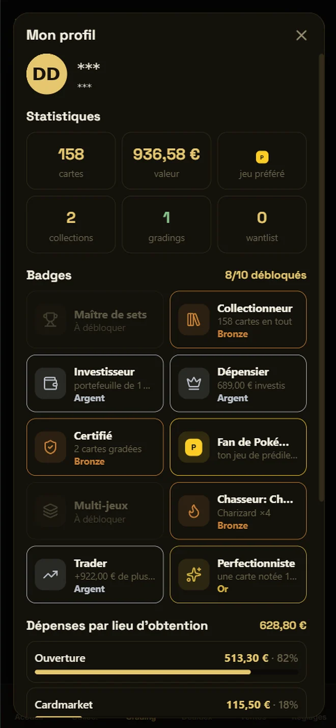 Profil : statistiques de la collection, badges débloqués et dépenses par lieu d'achat.