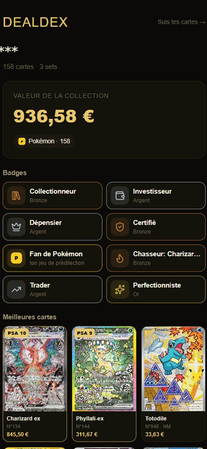 Page publique d'une collection : valeur, badges et meilleures cartes.