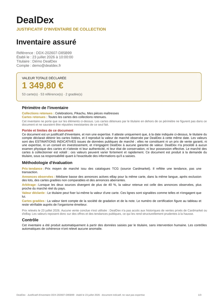Première page d'un rapport d'inventaire produit par l'application : référence, valeur totale déclarée, périmètre et limites.